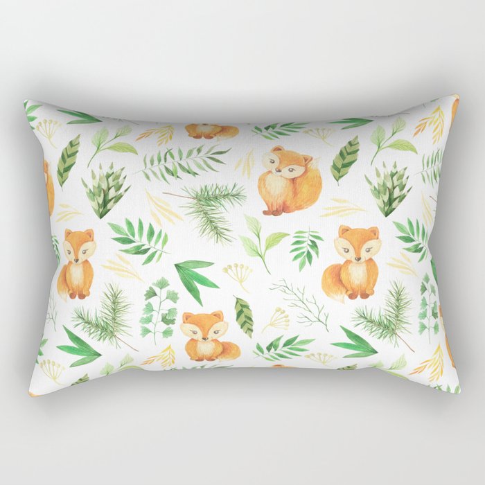 Hand painted cute brown fox watercolor green floral leaves Rectangular Pillow