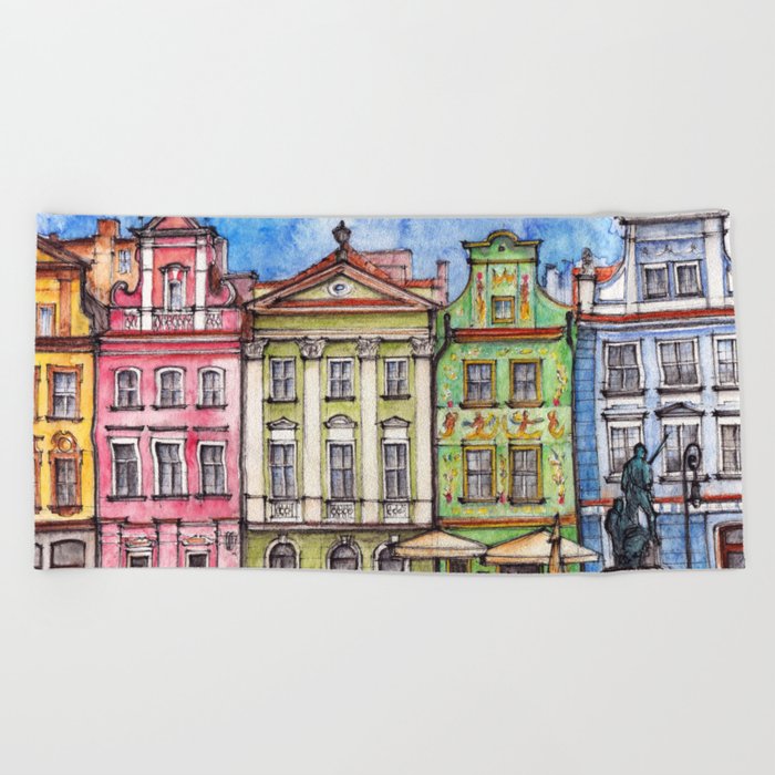 Poznan houses ink & watercolor illustration Beach Towel