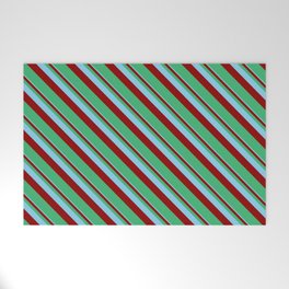[ Thumbnail: Sky Blue, Dark Red & Sea Green Colored Striped Pattern Welcome Mat ]