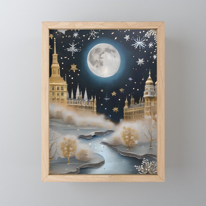 Christmas in London - Thames Winter Holiday Gold and Silver Art Framed Mini Art Print
