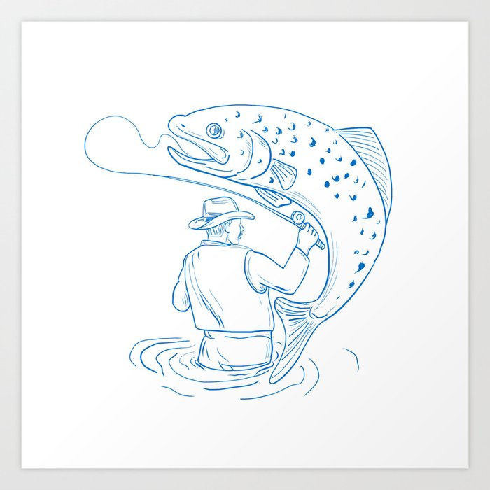 Fly Fisherman Trout Fishing Drawing Art Print by patrimonio