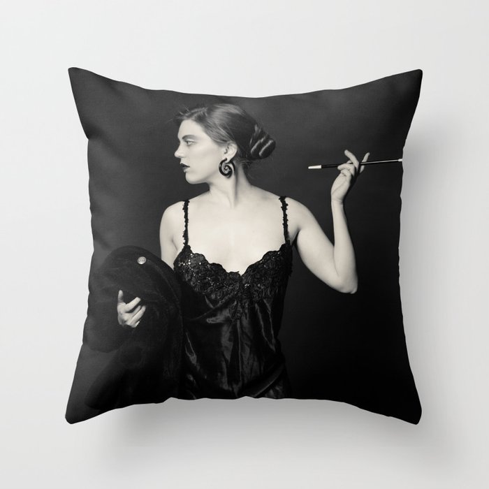 "A Noir Night Out" - The Playful Pinup - Modern Gothic Twist on Pinup by Maxwell H. Johnson Throw Pillow