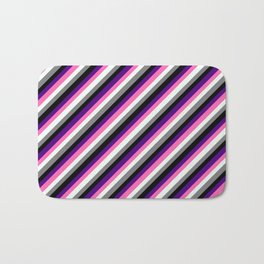 [ Thumbnail: Eye-catching Indigo, Hot Pink, Mint Cream, Gray, and Black Colored Stripes/Lines Pattern Bath Mat ]