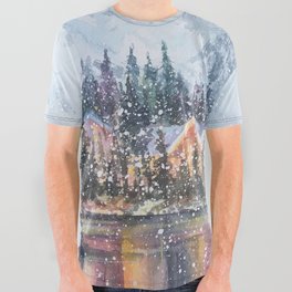 Enchanting Snowy Log Cabin Alpine Lake All Over Graphic Tee