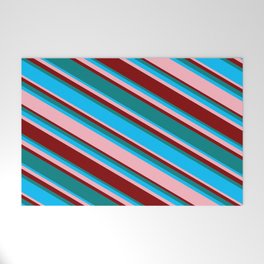 [ Thumbnail: Teal, Deep Sky Blue, Light Pink, and Maroon Colored Striped Pattern Welcome Mat ]
