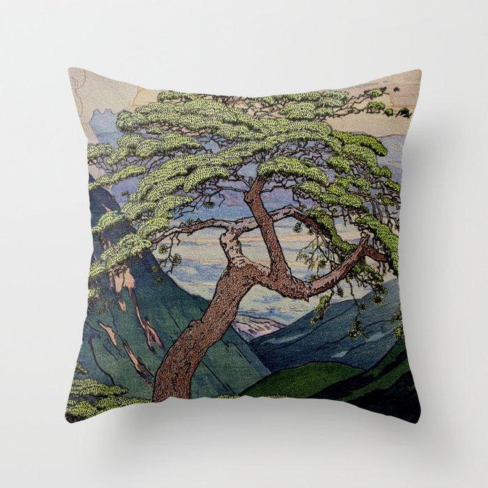 The Downwards Climbing - Summer Tree & Mountain Ukiyoe Nature Landscape in Green Throw Pillow