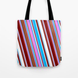 [ Thumbnail: Vibrant Violet, Sienna, Maroon, White, and Deep Sky Blue Colored Stripes Pattern Tote Bag ]