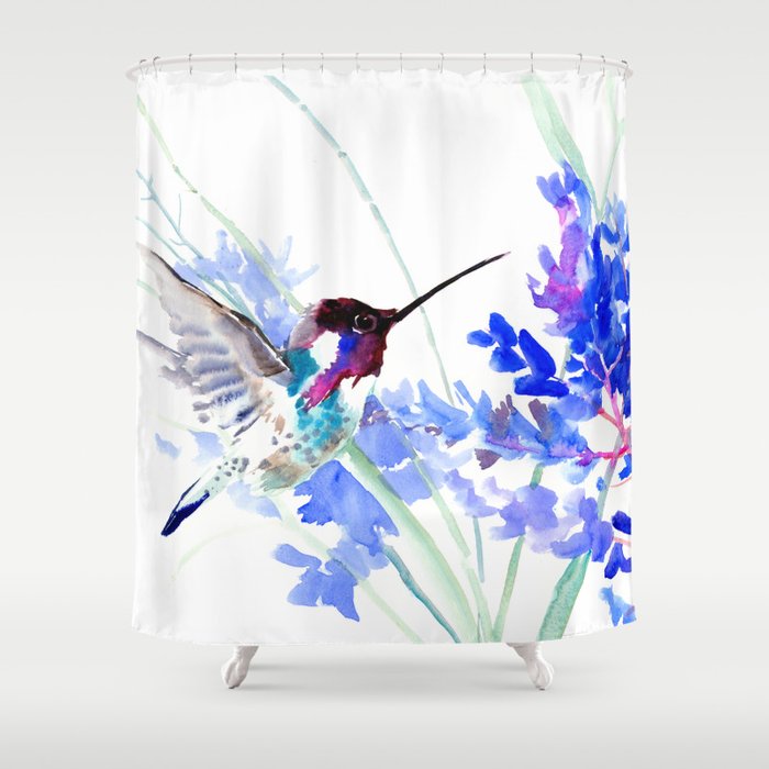Flying Hummingbird and Blue Flowers Shower Curtain