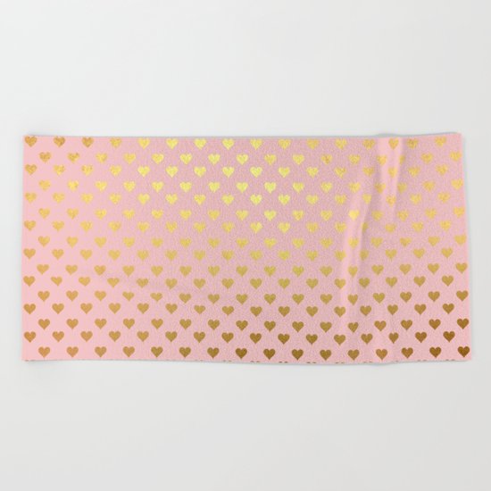 Gold and pink sparkling and shiny Hearts pattern Beach Towel