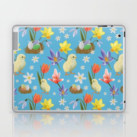 Colorful pattern with easter chicks, easter nests, tulips, daffodils, crocuses, wood anemones Laptop & iPad Skin