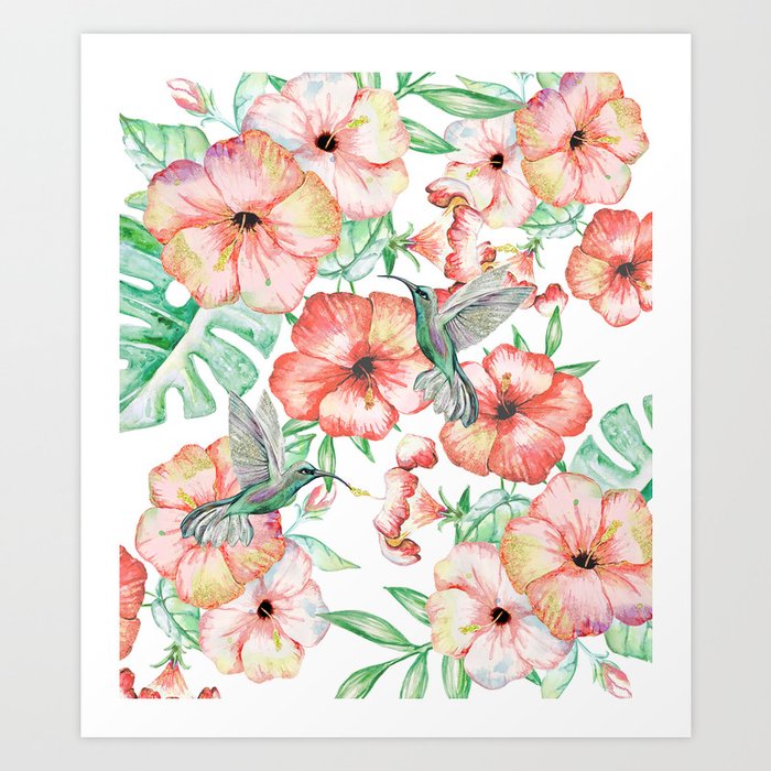 Hummingbirds + Hibiscus Art Print