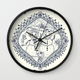 winter snowman toile, ivory and navy blue Wall Clock | Wintertime, Ornate, Funny, Winter, Vintage, Holidays, Animal, Snow, Snowman, Ivorywhite 