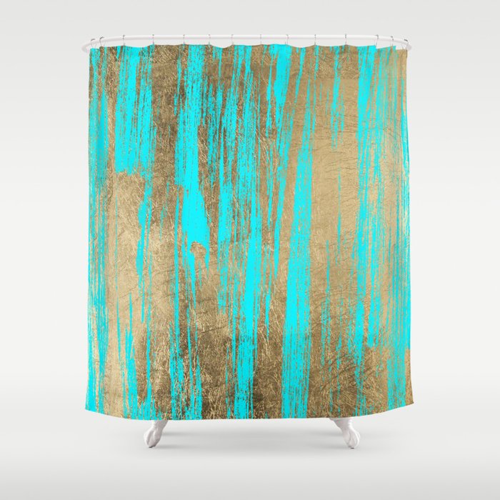 Modern Chic Faux Gold Turquoise Trendy Brushstrokes Shower Curtain By Pink Water