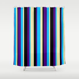 [ Thumbnail: Deep Sky Blue, Indigo, Black, and Pale Goldenrod Colored Pattern of Stripes Shower Curtain ]