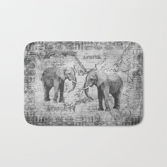 African Spirit Vintage Elephant black white Bath Mat
