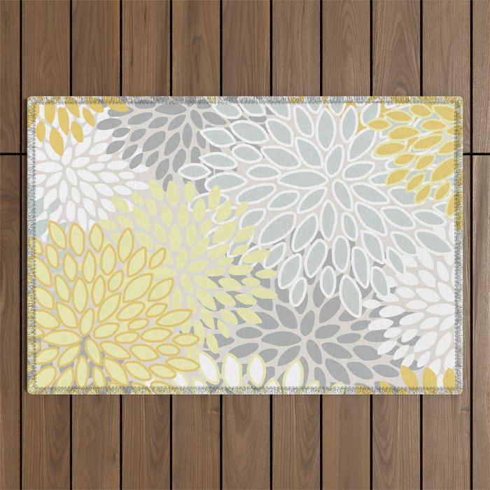 Floral Prints, Soft, Yellow and Gray, Modern Print Art Outdoor Rug