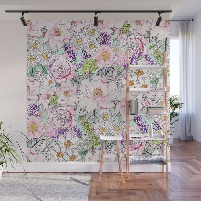 Watercolor garden peonies floral hand paint Wall Mural by InovArtS