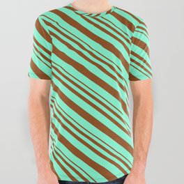 [ Thumbnail: Brown & Aquamarine Colored Lines/Stripes Pattern All Over Graphic Tee ]