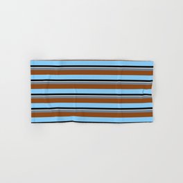 [ Thumbnail: Colorful Slate Gray, Brown, Light Sky Blue, Black & Mint Cream Colored Striped Pattern Hand & Bath Towel ]