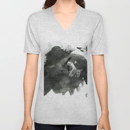 Abstract ink background. Marble style. Black paint stroke texture on white paper Grunge mud art. Macro image of pen juice. Dark Smear.   V Neck T Shirt
