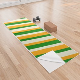 [ Thumbnail: Beige, Orange & Green Colored Lined/Striped Pattern Yoga Towel ]