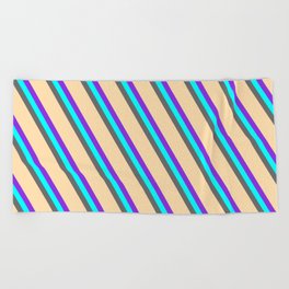[ Thumbnail: Purple, Cyan, Dim Gray & Tan Colored Lined/Striped Pattern Beach Towel ]