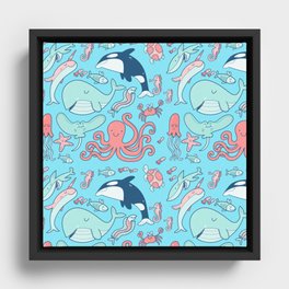 Whales and Sea Creatures Pattern Framed Canvas