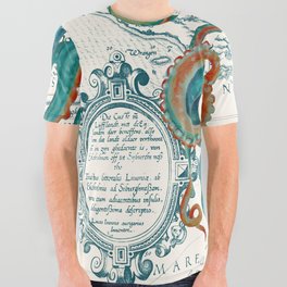 Teal Octopus Vintage Map Watercolor All Over Graphic Tee | Romantic, Tentacles, Pop Art, Pattern, Digital, Squid, Typography, Elegant, Collage, Graphicdesign 