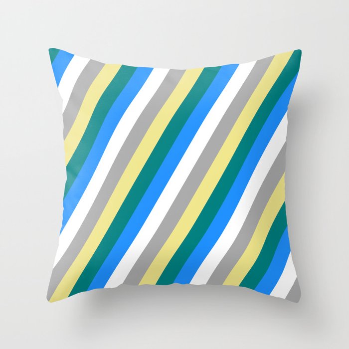 Eye-catching Tan, Teal, Blue, White & Dark Gray Colored Striped/Lined Pattern Throw Pillow