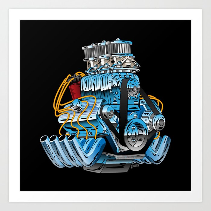Classic Muscle Car Hot Rod Chrome Racing Engine Cartoon Art Print by  hobrath | Society6