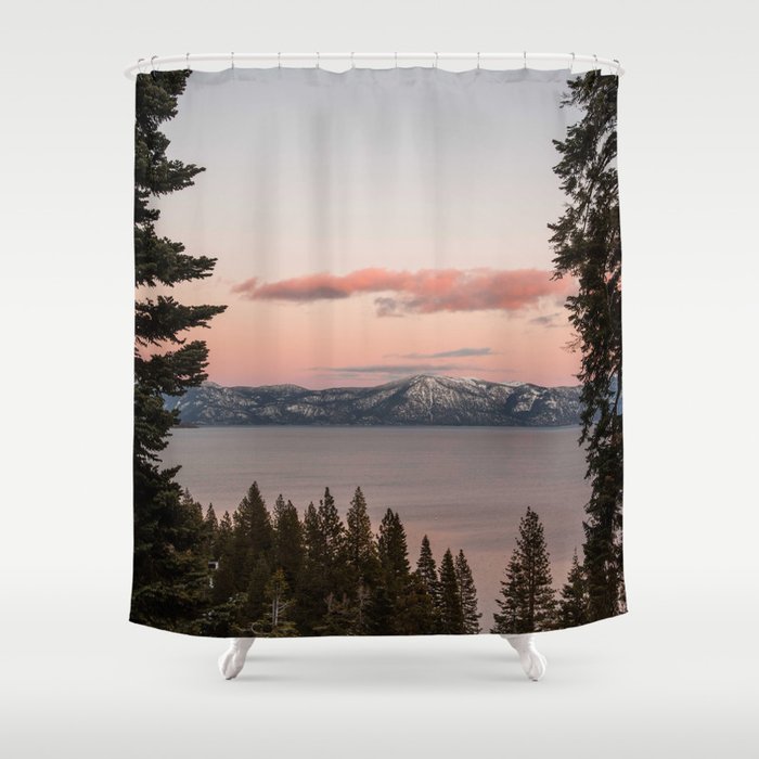 Sunset over Lake Tahoe, California, Sierra Nevadas, Landscape Photography, Pine Trees, Framed Image Shower Curtain