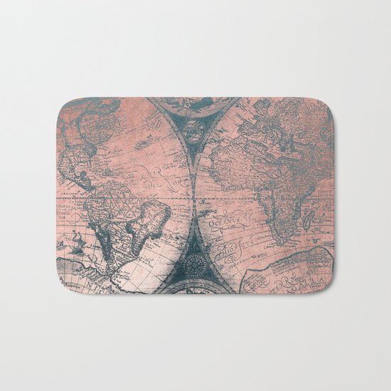 Vintage World Map Rose Gold and Storm Gray Navy Bath Mat