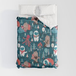 Besties // blue background white Yeti brown Bigfoot blue pine trees red and coral details Duvet Cover