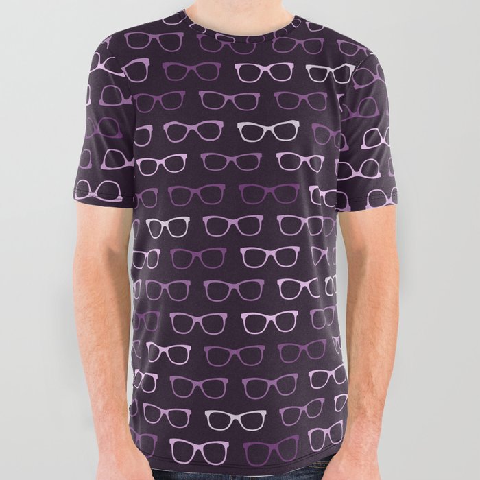 Purple Hipster Glasses Pattern All Over Graphic Tee