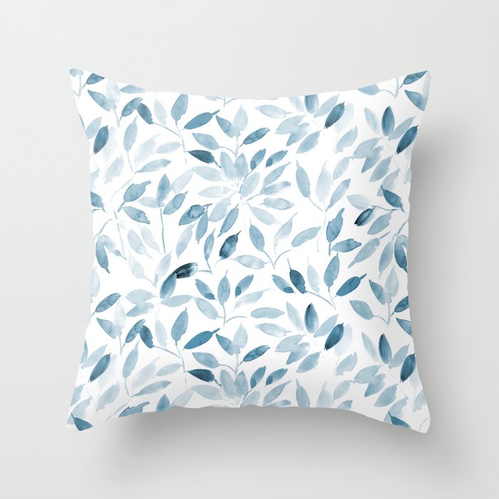 Denim blue magic leaves - watercolor leaf pattern Throw Pillow
