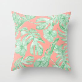 Tropical Palm Leaves Hibiscus Flowers Coral Green Throw Pillow