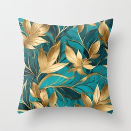Turquoise Gold Boho Popular Leaves Collection Throw Pillow