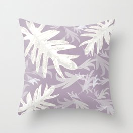 Trio palm leaves White purple autumn fall tropical pattern society6 Throw Pillow
