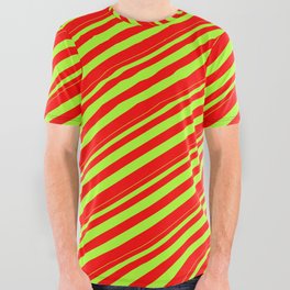 [ Thumbnail: Light Green and Red Colored Stripes Pattern All Over Graphic Tee ]