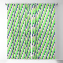 [ Thumbnail: Eye-catching Dark Gray, Green, Lime, Blue & Tan Colored Pattern of Stripes Sheer Curtain ]