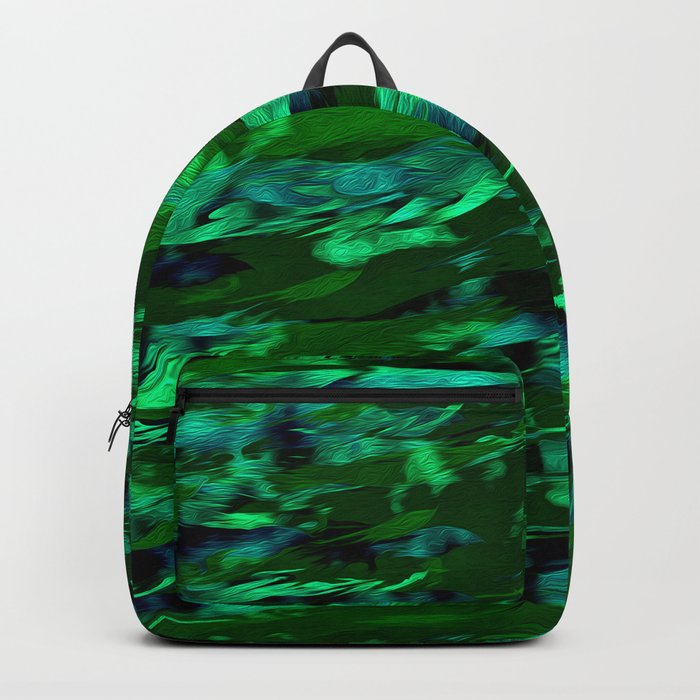 Abstract drawing of the movement of the sea wave in blue and green shades. The movement of fish among the algae. The effect of oil paints Backpack