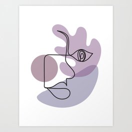 Face - One Line Drawing with Modern Purple Shapes Art Print