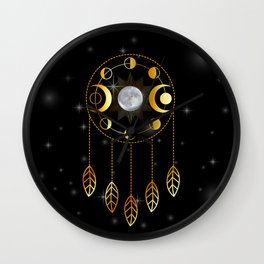 Golden Triple Goddess dreamcatcher with moon phases Wall Clock