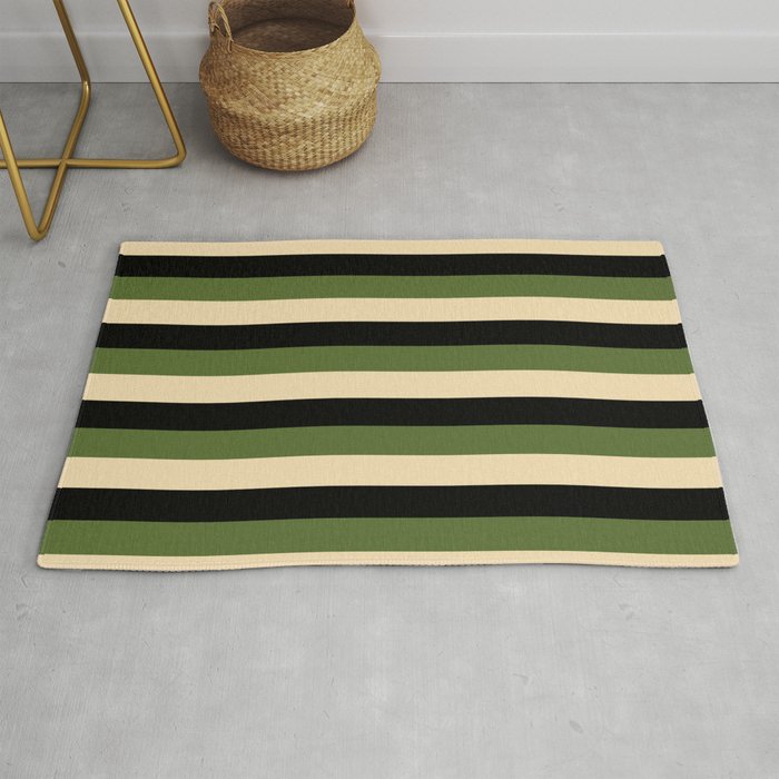 Dark Olive Green, Tan & Black Colored Striped/Lined Pattern Rug