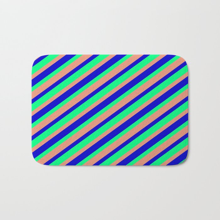 Blue, Green, and Dark Salmon Colored Lined Pattern Bath Mat