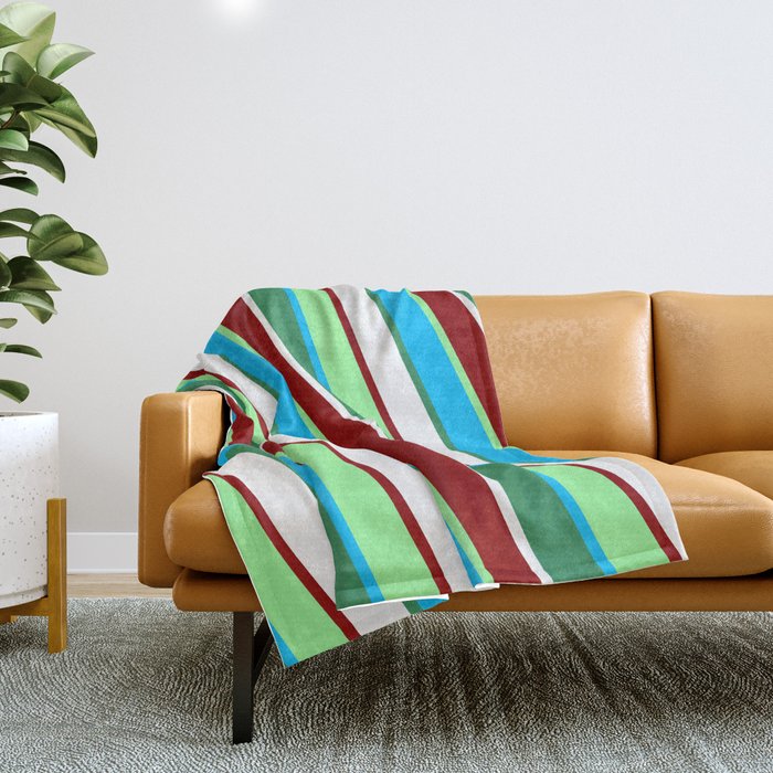Vibrant Green, Deep Sky Blue, Sea Green, White & Dark Red Colored Lines Pattern Throw Blanket