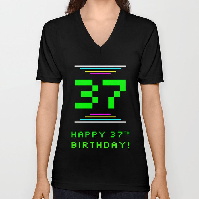 37th Birthday - Nerdy Geeky Pixelated 8-Bit Computing Graphics Inspired Look V Neck T Shirt