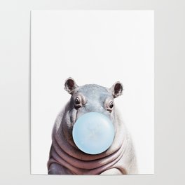 Baby Hippo Blowing Blue Bubble Gum, Baby Boy, Art for Kids, Baby Animals Art Print by Synplus Poster