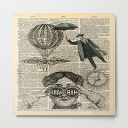 newspaper print dictionary page binoculars hot air balloon victorian steampunk Metal Print