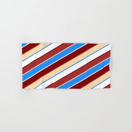 [ Thumbnail: Maroon, Brown, Tan, Blue & White Colored Striped Pattern Hand & Bath Towel ]